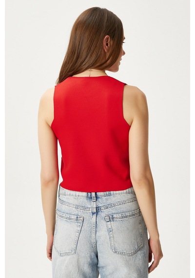 Ritnice Kadın Petite Çıtçıtlı Crop Kırmızı Triko Yelek Kırmızı
