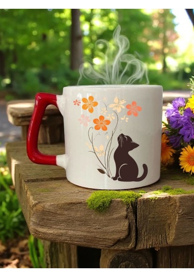 Kedi Ve Çiçek Baskılı Kırmızı Kulplu 3'lü Kupa Bardak Seramik Kahve Bardağı Beyaz