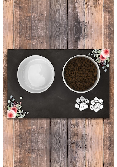 Evaşk  Vinil Kaymaz Tabanlı Keçe Baskılı Evcil Hayvan Pet Mama Paspası 25x40 Renk SİYAH PM03SS