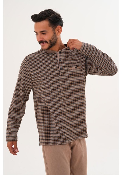 Çift Kaplan Erkek Desenli Patlı Bej Pijama Takımı 8038 Bej