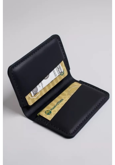 Luvo %100 Gerçek Deri El Yapımı Kartlık İtalyan Dikiş Premium Minimalist Tasarım Mat Siyah