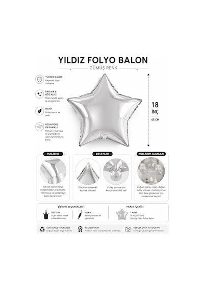 Gümüş Yıldız Folyo Balon 18 İnç 45 Cm Doğum Günü Parti Süsü Dekorasyon Balonu Çok Renkli