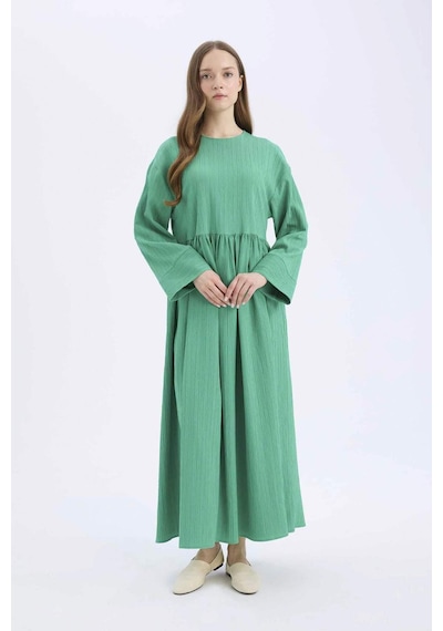 Defacto 	Regular Fit Bisiklet Yaka Gofre Dokulu Uzun Kollu Maxi Elbise E6597AX25SP Yeşil