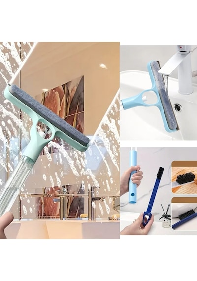 Mucit Home 4 Ü 1 Arada Çift Taraflı Çok Amaçlı Cam Temizleme Kazıyıcı Ve Silme Fırçası Sprey Şişeli Mavi
