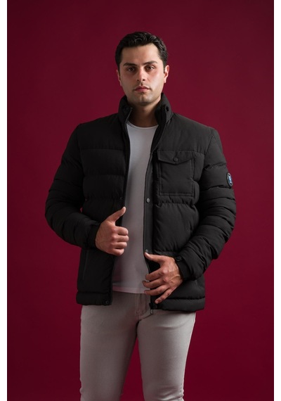 Slimfit Çıtçıt Ve Fermuar Kapamalı Dik Yaka Kolları Lastikli Astarlı Yan Cepli Erkek Kısa Mont 001