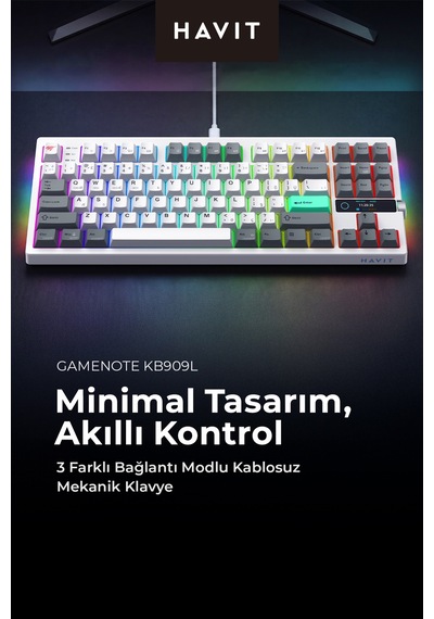 Havit Gamenote Kb909l Hot-swap Gaming Mekanik Klavye - Tft Ekran, 3 Mod Bt,2.4g,kablolu ,light Blue Switch