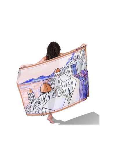 Santorini Dreams Turuncu Desen İç Göstermeyen Saten Pareo Çok Renkli