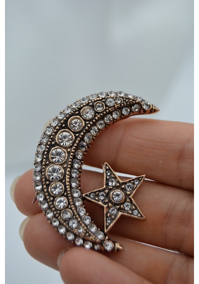 Stoneage Jewellery Zirkon Taşlı Ay Yıldız Broş Yaka İğnesi Çok Renkli