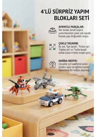 Sürpriz Yumurta 4'lü Set Dinozor Ve Araç Figürlü Yapı Blokları Eğitici Öğretici Parçalı Oyuncak