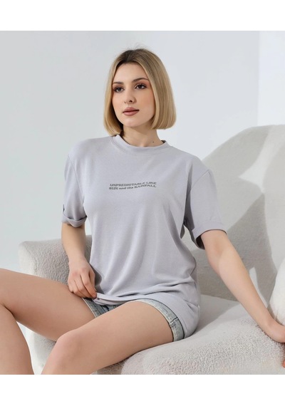 Genel Markalar Bisiklet Yaka Baskılı Slim Fit T-shirt - Boyalı Gri - Çok Renkli