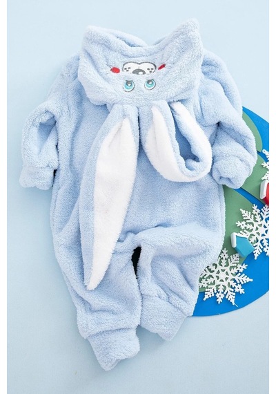 Erkek Bebek Çocuk Welsoft Peluş Tavşan Kulaklı Kışlık Tulum Mavi