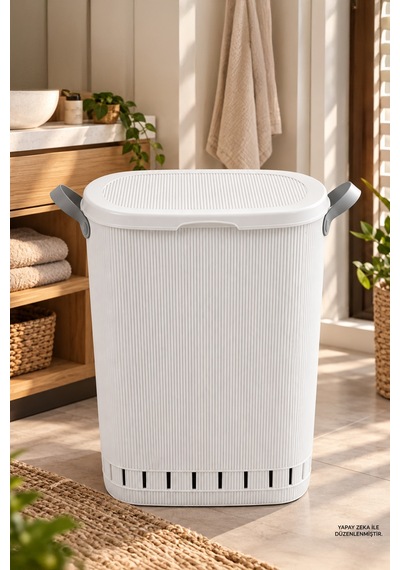 Porsima 0157-1 Still Beyaz Kirli Çamaşır Sepeti 60 Lt Kapaklı, Hava Delikli, Kulplu Plastik Çamaşır Sepeti Beyaz