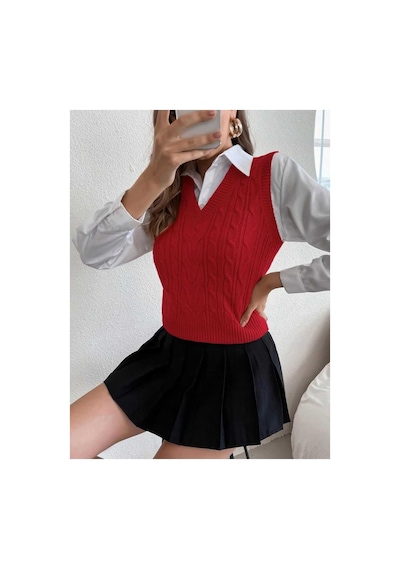 Youknitwear You Cameron %100 Pamuk V Yaka Kadın Süveter Kırmızı