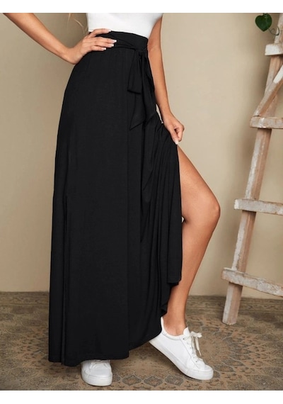 Defymoda Kadın Yüksek Bel Bei Kuşaklı Yandan Yırtmaçlı Uzun Sandy Etek Siyah