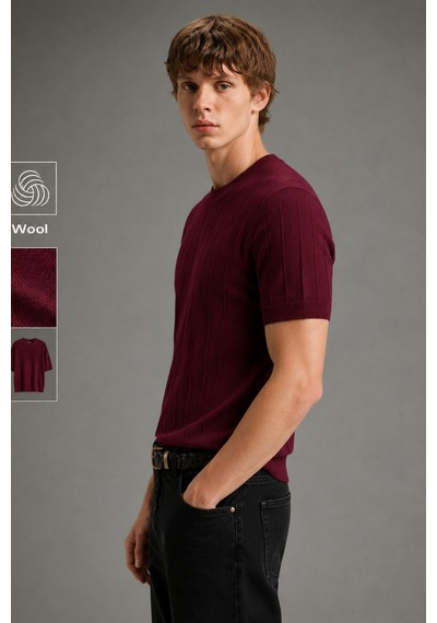 Cool Tarz Erkek Çizgili Triko Tişört Bisiklet Yaka Slim Fit Kısa Kollu Bordo Bordo