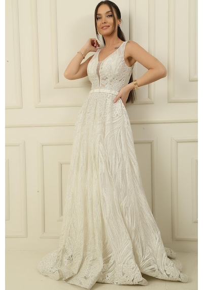 By Saygı Simli Hayalet Tül Prenses Abiye-36096-ekru