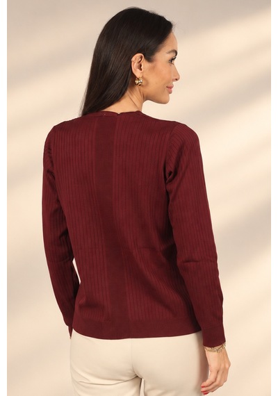 By Saygı Kadın V Yaka Düğme Detaylı Fitilli Triko Bluz Bordo