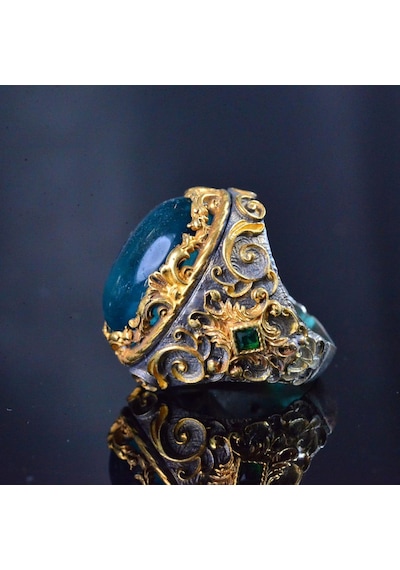 Paraiba Yapay Taşlı Gümüş Yüzük, Rodaj Kaplama Gümüş Yüzük, 925 Ayar Gümüş Yüzük, Stacking Yüzük, Yeşil Gümüş