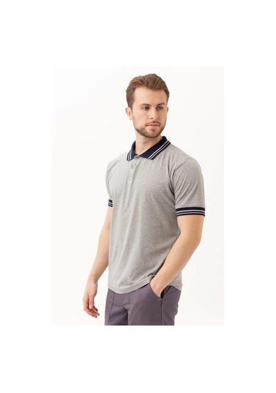 Hornet Erkek Polo Tişört Şeritli Yaka Ve Kol Detaylı Modern Tasarım Gri Melanj