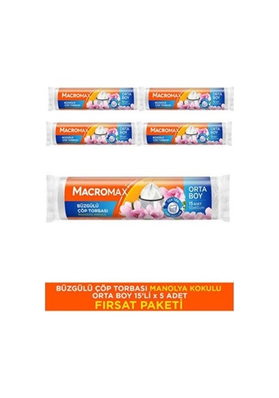 Macromax Orta Büzgülü Çöp Poşeti Manolya Kokulu 15 Li 5 Adet