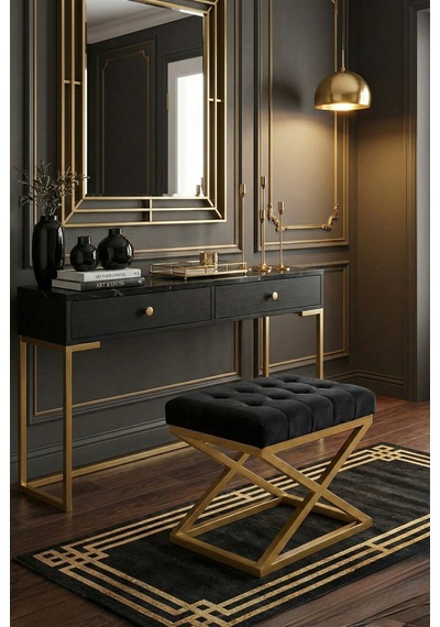 Nexus Babyface Kapitoneli Puf - Gold Metal X Ayaklı Modern Bench 50x40 Cm Siyah