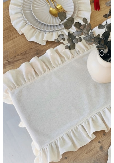 Pileli Keten Runner - Dekoratif Runner - Sehpa Örtüsü 40 x 110 CM Bej - Krem