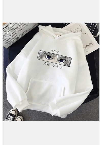 Hunter X Hunter Killua Face Beyaz Kapşonlu Sweatshirt Beyaz