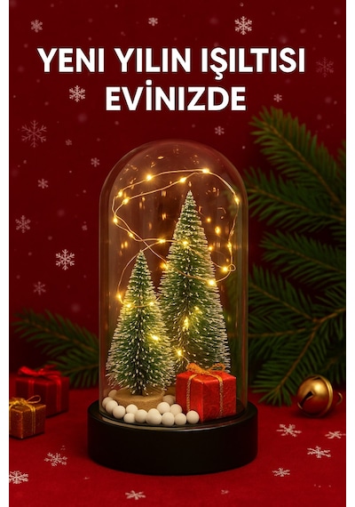 2026 Yeni Yıl Hediye Led Işıklı Fanus İçinde 2 Çam Ağacı Ve Hediye Temalı Noel Yılbaşı Gece Lambası 20