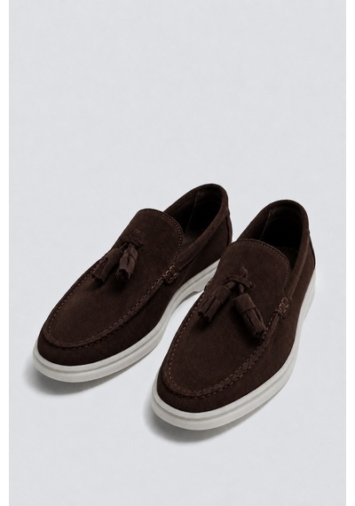 Püsküllü %100 Süet Loafer Kahve