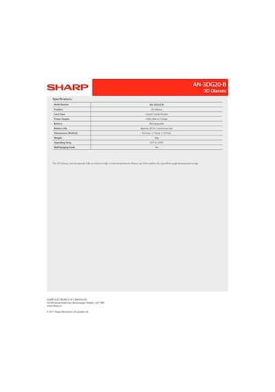 Sharp AN-3DG20B Aktif 3D Şarjlı Gözlük