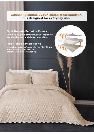 Evlen Home Ollie %100 Pamuk Yatak Örtüsü Pike Takımı Çift Kişilik Ponponlu Kapitone Günlük Bej