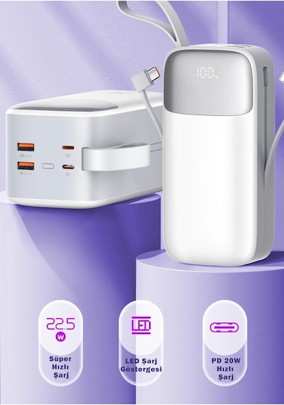 Sword SW-50PO3 50000 Mah Pd 22.5 W Hızlı Şarj Kendinden Kablolu Type-c & Lightning Powerbank Beyaz