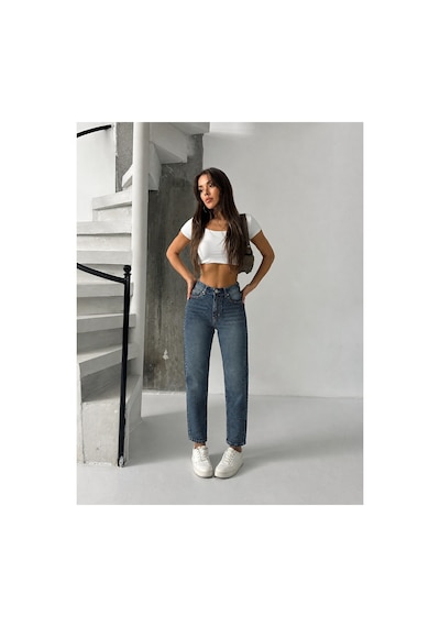 Bluemarlin Yeşil Tint Yüksek Bel Ön Bacak Taşlı Mom Jeans Kot Pantolon Yeşil Tint