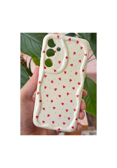 Galaxy Uyumlu A16 Kılıf Kamera Korumalı Dalga Kenarlı Kırmızı Kalp Desenli Silikon Kapak