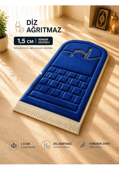 Diz Dostu Seccade Ortopedik Süngerli 1.5 cm Kalın Kadife Namazlık + Çanta Lacivert