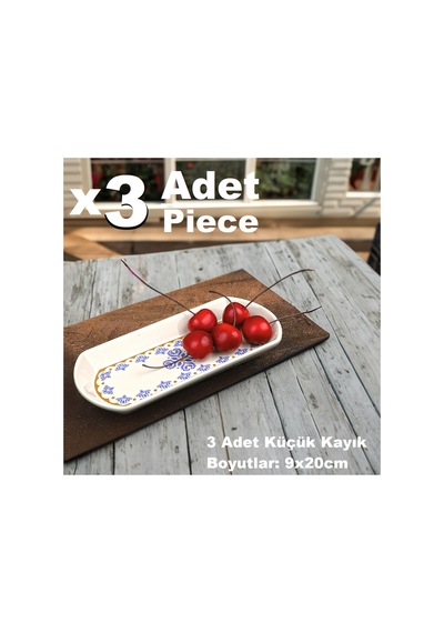 Ottoman 3 Adet Seramik Küçük Boy Oval Kayık Kahvaltı Sunum Tabağı - 9x20cm Mavi