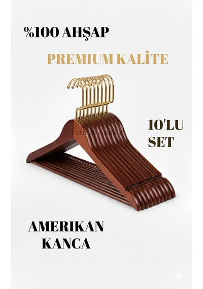 Faravis Atelier Kahverengi Ahşap Lüks Askı Kıyafet Elbise Gömlek Ve Pantolon Askısı Amerikan Kanca 10 Adet