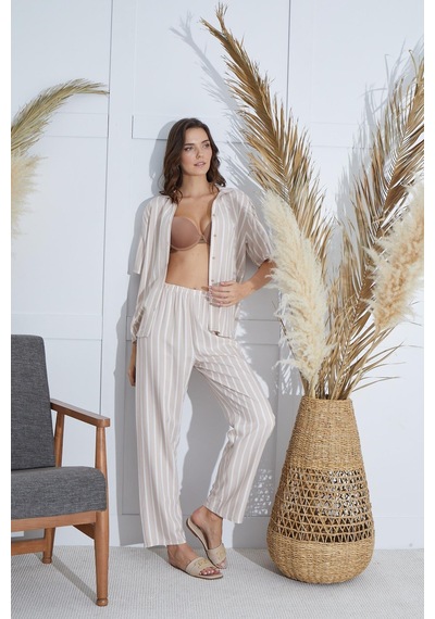 Sevim Kadın Kısa Kol Önden Düğmeli Bej Pijama Takım C6t1n951 001