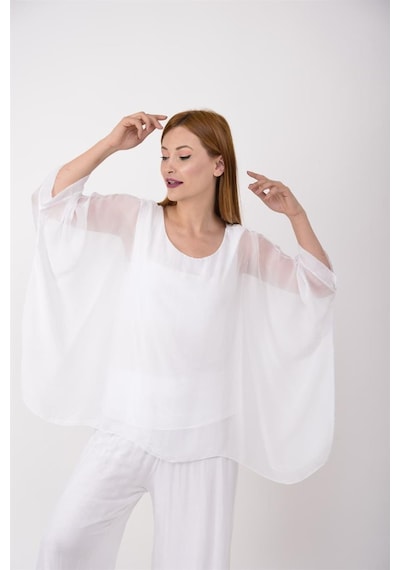 Bohem Stil İtalyan Yarasa Kol İpek Bluz & Pantolon Takım-8767 Beyaz