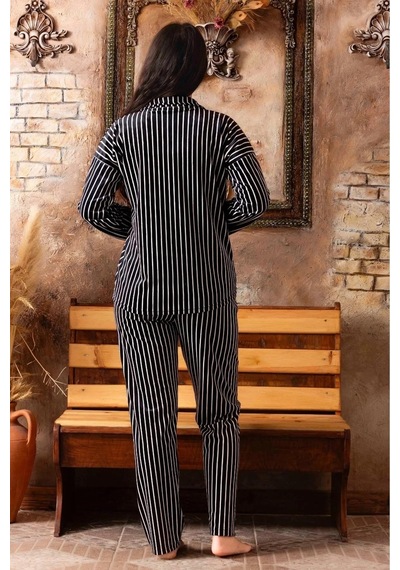 Sude Kadın Kışlık Gömlek Yaka Kadife Çizgili Pijama Takımı P200/841 - 1 Adet 001