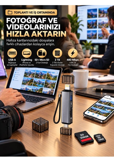 Type-c Lightning Çift Girişli Sd Tf Kart Okuyucu Usb Otg Apple iPhone Uyumlu Android Hafıza Kartı Adaptörü