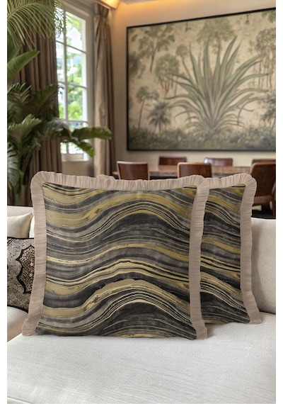 Mermer Motifli Soyut Saçaklı Yastık Kılıfı - Dalgalı Modern Gold Krem Püsküllü Kırlent Kılıfı Bej