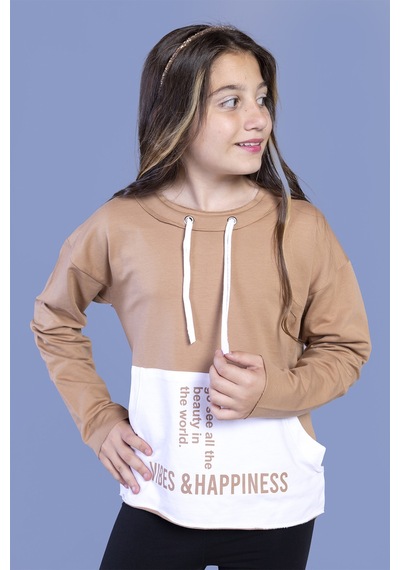 Toontoy Kız Çocuk Kanguru Cepli Baskılı Sweatshirt Turuncu