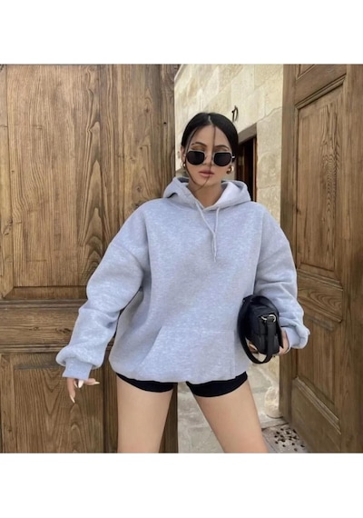 Kozia Outdoors Unisex Düz Gri Kapüşonlu Sweatshirt Gri Gri
