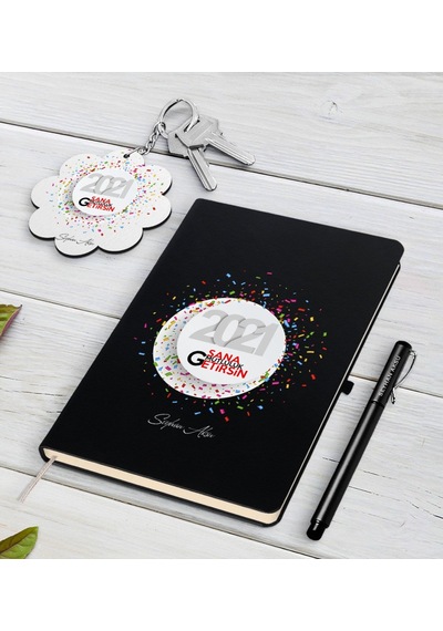 Kişiye Özel 2021 Sana Mutluluk Getirsin Siyah Defter Kalem ve Ana Siyah