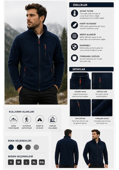 Luxıc Core Unisex Lacivert Polar Ceket Fermuarlı Soğuk Havalara Uygun, Rahat Ve Şık Tasarım