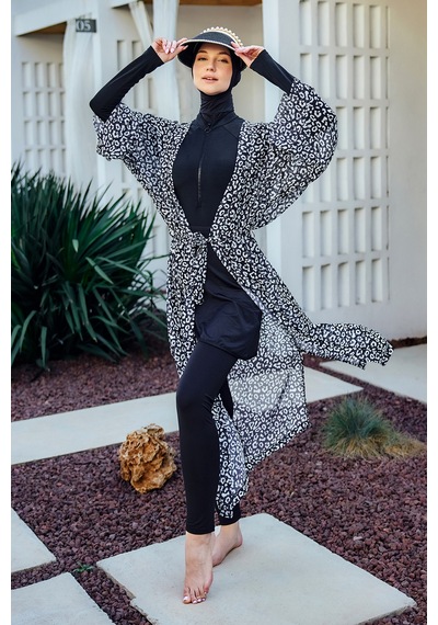 Remsa Mayo Remsa Tesettür Mayo Üzerine Tek Kaftan Kimono Pareo Beyaz Rp036 Leopar Beyaz