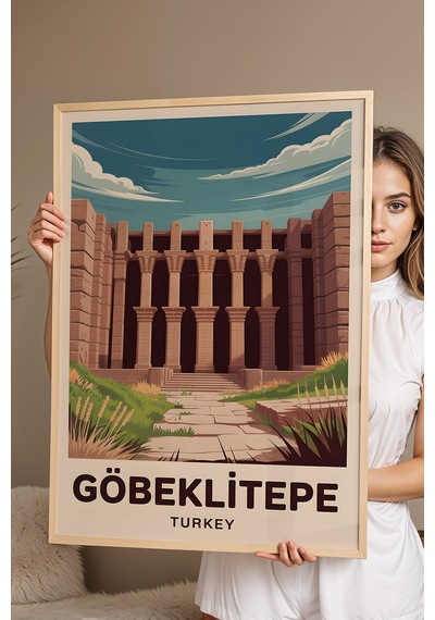 Göbeklitepe Tablo - Retro Travel Poster - Tarihin Sıfır Noktası Duvar Dekoru - Çerçeve İllüstrasyon Kayın