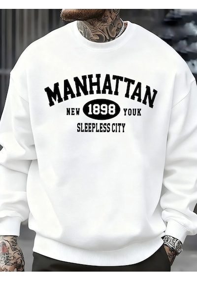 Startmore Tarzsokak Manhattan New York Sleepless City Desen Erkek Kazak Bisiklet Yaka Günlük Kazak Sonbahar Sokak Beyaz