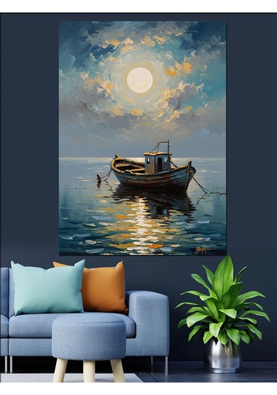 Ahşap Tablo Gece Denizde Yalnız Tekne Çocuk Odası Tabloları